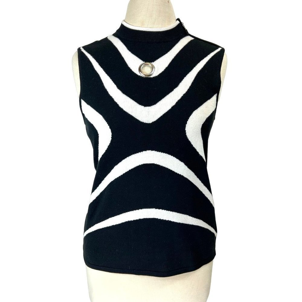 Jamie Sadock Sweater Top Women Medium Black/IvoryMock Turtle Neck Geometric